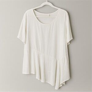 White M Tunic Top Linen Blend Peplum Asymmetrical Hem Artsy Lagenlook